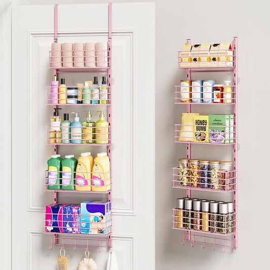 SWTYMIKI Over The Door Organizer - Door Organizer Hanging with 5 Adjustable Metal Large Capacity Basket and 6 Coat Hook, Wall Mounted Shelf for Bedroom Closet Bathroom Laundry Pantry Cabinet Kitchen