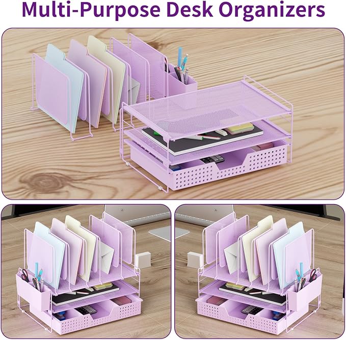 LEKETREE Desk Organizer, Office Organization with Vertical File Holder, File Organizer with Drawer and Pen Holder, Desk Accessories and Workspace Organizers for Home Office (Purple)