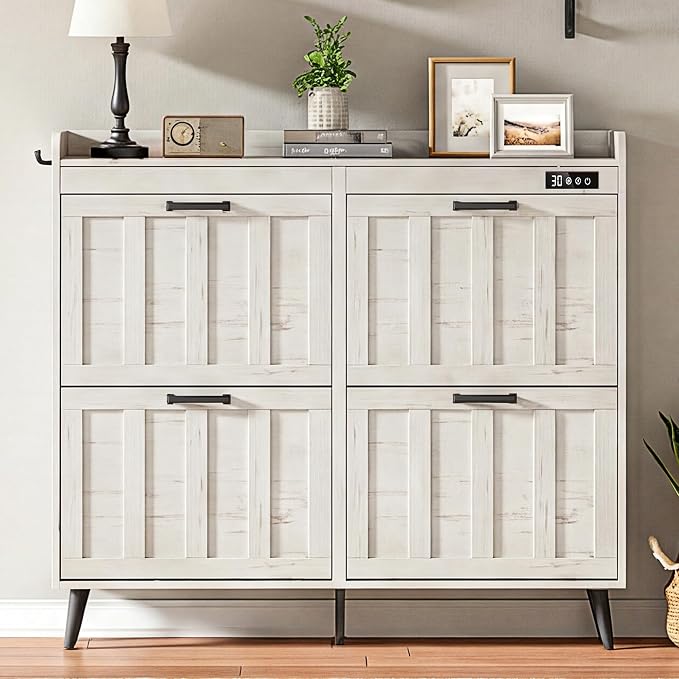 ChooChoo Shoe Storage Cabinet with 4 Flip Drawers and Deodorizer | Shoe Organizer Storage for Entryway, Freestanding Hidden Slim Narrow Shoe Rack Cabinet, Antique White