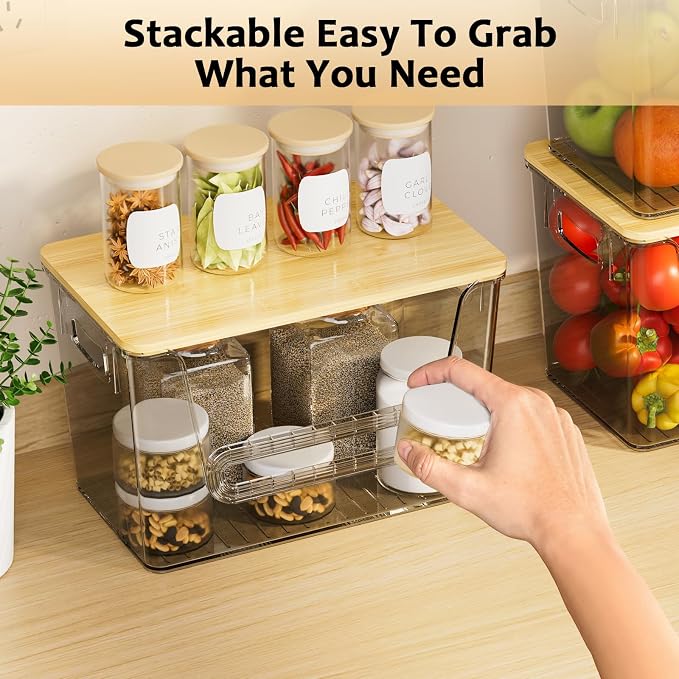 Delamu 2 Set Pantry Organizers and Storage,Trash Bag Dispenser with Bamboo Top,Stackable Trash Bag Dispenser Under Sink Organizer for 4-30 GalBags,Onion,Potato,Fruits,Gray(11.22" L*7" W*7.12" H)