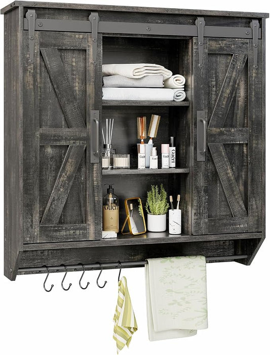 Trironsun Farmhouse Medicine Cabinet 2 Sliding Barn Doors 3 Tier Rustic Wood Wall Storage Cabinet Adjustable Shelf Towel Bar Wall Mounted Bathroom Wall Cabinet