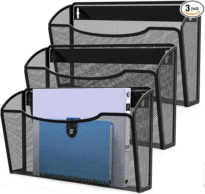 MINDEPOT Wall File Organizer, Hanging Wall File Holder, 3 Pack, Black | Heavy Duty Iron, Metal Mesh Wall Mount, Single Pocket, Mail Organizer, for Office School Classroom Home, Letter A4 Size
