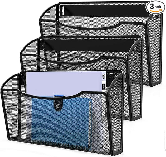 MINDEPOT Wall File Organizer, Hanging Wall File Holder, 3 Pack, Black | Heavy Duty Iron, Metal Mesh Wall Mount, Single Pocket, Mail Organizer, for Office School Classroom Home, Letter A4 Size