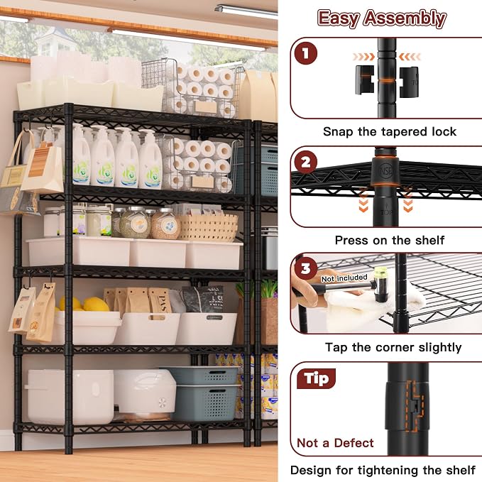 PrimeZone Wire Storage Shelves, 5-Tier Adjustable NSF Metal Shelving, 4 PCS | Alloy Steel Structure, 1250 LBS Capacity, Adjustable Leveling Feet, 4 Hooks, 35.5"W x 14"D x 72"H for Kitchen, Pantry, Closet