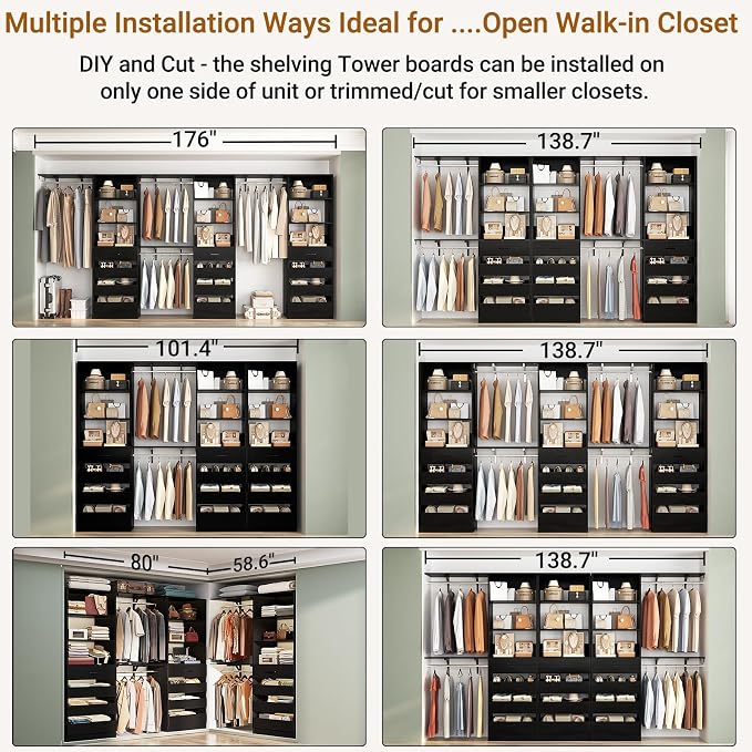 Aheaplus Closet System Set of 3, 138.5" Wood Closet Organizer System Tower with 12 Drawers & 4 Hanging Rods, 6.7+4.85Ft L Shaped Walk-in Closets Wardrobe Organizer Garment Rack with Shelf, Black3