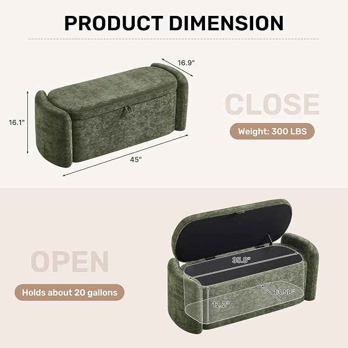 Oval Storage Ottoman Bench, 45" Upholstered Chenille End of Bed Storage Bench, Foot Rest Ottoman with Storage, Bedroom Living Room and Hallway,Green