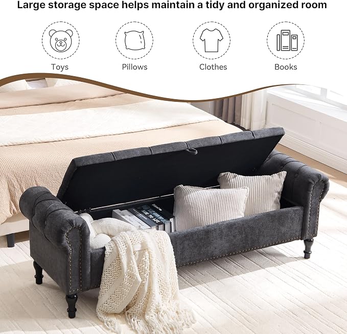 Storage Bed Bench for Bedroom, Chenille 67" End of Bed King Size Benches with Armrest, Tufted Button Upholstered Ottoman Bench for Living Room, Entryway, Dark Grey