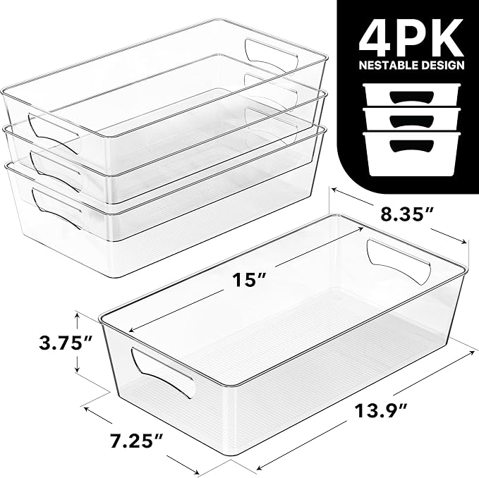 Simple Houseware 4 Pcs Kitchen Clear Bin Storage Organizer (15"x8"x3.75")