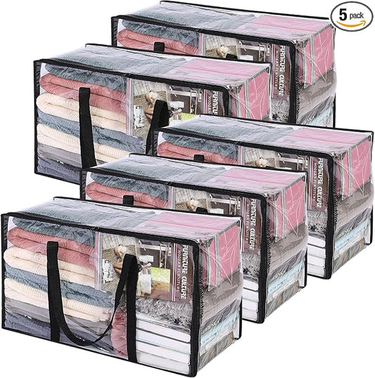 5 Pack Clear Clothes Storage Bags with Zipper 60L | Plastic Storage Bag, Foldable Closet Organizer, For Comforter Blanket Bedding Duvet Toys, Moving Bags