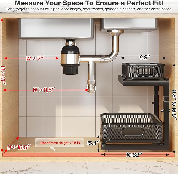 2-Pack Under Sink Storage Organizer with 2-Tier Slide Out Drawer, Sophisticated Mesh Pull Out Shelf for Kitchen & Bathroom, Fits Small Items, Upgraded Arched Track for Smooth Gliding(Patented)