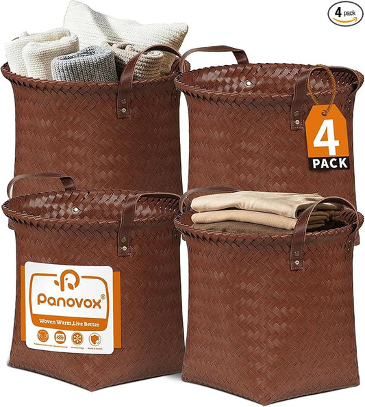 Wicker Storage Baskets, 4 Pack Woven Baskets for Shelves, Brown | PP Rattan, Water-resistant Wicker Basket, Large Baskets with Faux Leather Handles for Blanket, Laundry Organizer, Room Decor