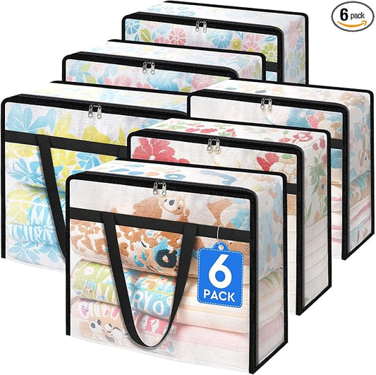 TasticTotes 6 Pack Clear Storage Bags for Comforter, Clothes & Bedding, 90L | Plastic Blanket Storage with Zipper & Handle, Foldable Moving Bags, Closet Organizer and Under-Bed Storage Containers