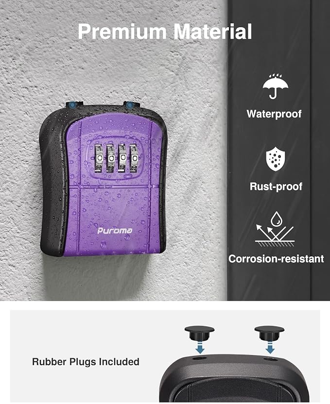 Puroma Key Lock Box, Portable Combination Lockbox Wall-Mounted Key Storage Box for House Keys, Resettable Code Safe Security Lock Box for Home, Office, Apartment Spare Key Storage (1 Pack, Purple)