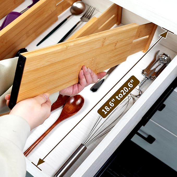 Utoplike Bamboo Drawer Dividers Large, 4" High Kitchen Drawers Organizer | Adjustable, Spring Loaded, Works in Bathroom, Bedroom, Dresser, Office, 4pcs for Clothing, Fit for 18.6"-20.6" Inner Drawer
