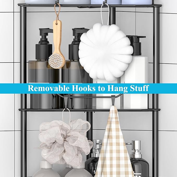 HuggieGems 5 Tier Floor Standing Corner Shower Caddy Organizer Shelf with Hooks, Bathroom Shelves Stand Rack, Black