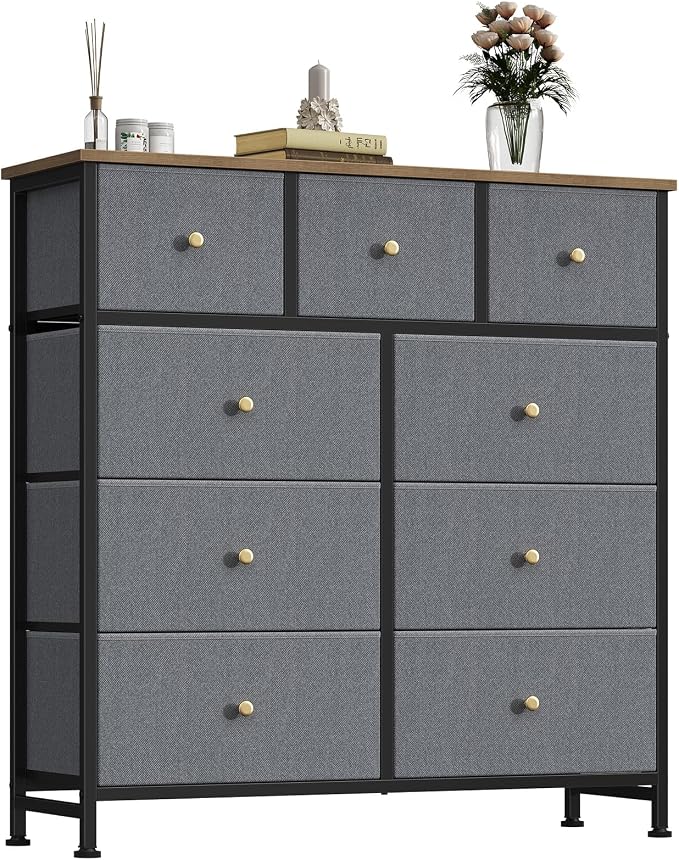 OLIXIS 9 Drawer Tall Dresser for Bedroom, Closet Organizers and Storage | Fabric Dresser with Wooden Top, Chest of Drawers for Clothes Storage, Tower Cabinet, Furniture, TV Stand, Gray Blue