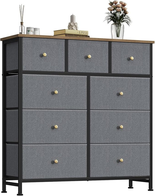 OLIXIS 9 Drawer Tall Dresser for Bedroom, Closet Organizers and Storage | Fabric Dresser with Wooden Top, Chest of Drawers for Clothes Storage, Tower Cabinet, Furniture, TV Stand, Gray Blue