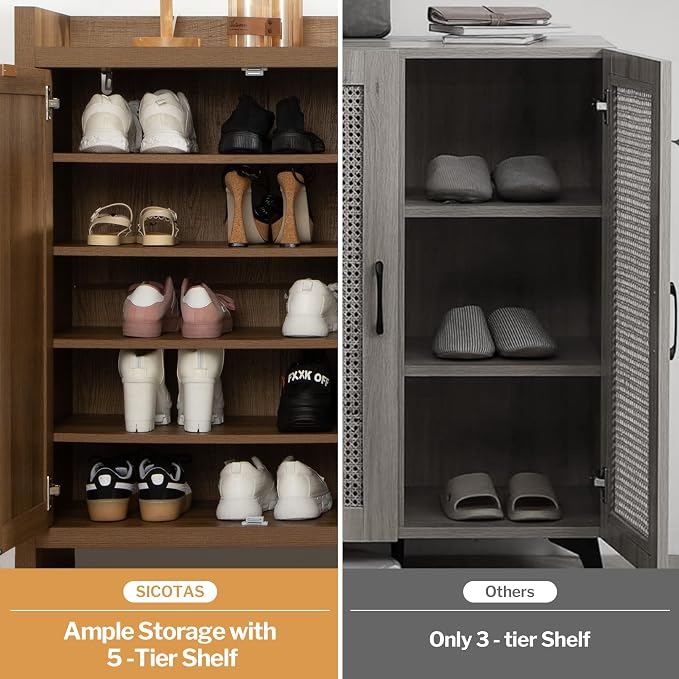 SICOTAS Shoe Cabinet Set of 2 Large Capacity Shoe Storage Organizer Cabinet | Tall Rattan Shoe Cabinet with Doors and Shelves, 6-Tier Farmhouse Boho Wooden Storage Cabinet for Entryway Hallway