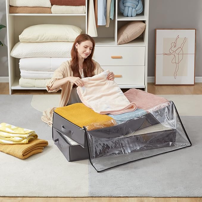 Lifewit Under Bed Storage Containers 4 Pack, Large Capacity Blanket Storage Bags with Reinforced Handle, Organization and Storage for Clothes, Sheets, Towels, Bedroom, Closet, College Dorm, Grey