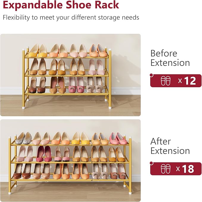 Expandable Shoe Rack for Closet 3 Tier, 28“-41“Stackable, Gold | Adjustable Shoe Organizer Closet Shoe Rack Floor, Metal Shoe Shelf Storage for Entryway, Closet, Garage, Front Door Entrance