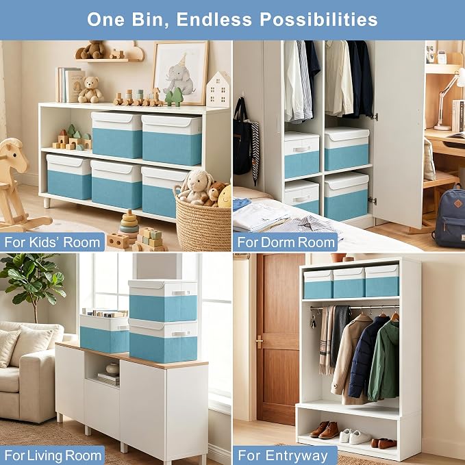 Large 17" 42 Quarts Collapsible Stackable Storage Bins with Lids [3-Pack] Foldable Fabric Linen Storage Boxes Cube, Closet Organizer Baskets with Label for Home (16.7 x 12 x 12", Teal & White)