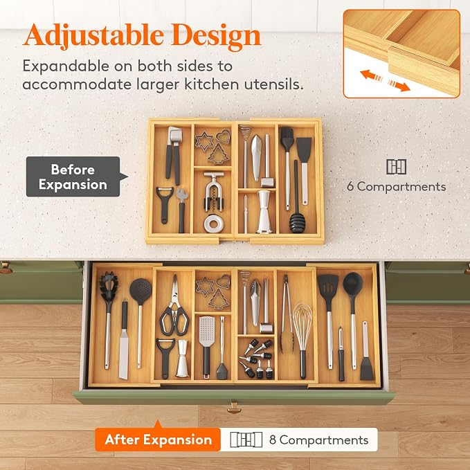 Lifewit Expandable Utensil Organizer for Kitchen Drawer, Cutlery Holder | Adjustable Cooking Silverware Tray, Bamboo Flatware Spatula Tools Gadgets Storage Divider, 21-36 x 16", Natural