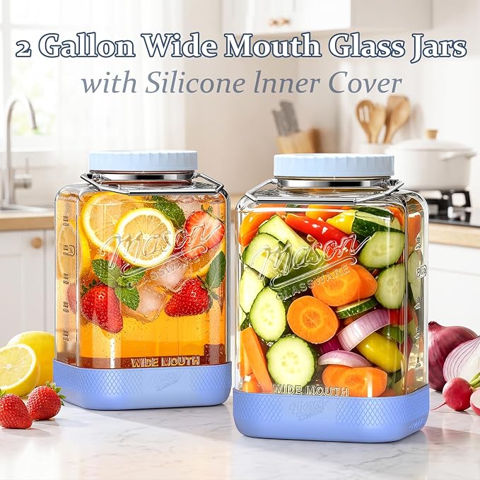 2 Gallon Glass Jar with Dual Seal Lid for Airtight Storage, 2 Pcs, Square | 4.3'' Wide Mouth Mason Jars, Screw Lid, Silicone Seal, Stainless Steel Handle, Non-slip Base, Glass Food Storage Containers