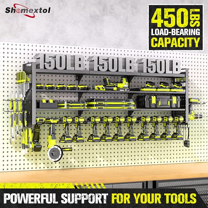 49.8" Power Tool Organizer Wall Mount,Holds 14 Cordless Drills | Large 4-Tier Tool Storage Rack, Heavy Duty 450 lb Load Capacity for Garage Workshop, Black, Gift for Men