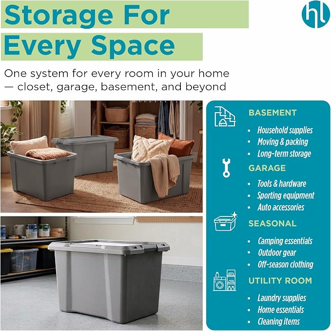 Home Logic 19 Gallon Latched Storage Tote with Lid, Plastic Bins with Lids, Moving Boxes for Garage Organization, Closet Organizer & Home Organization, 6 Pack, Gray