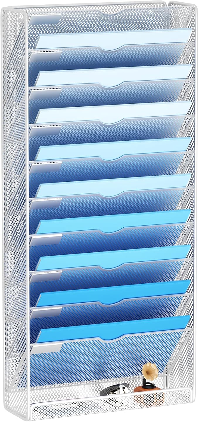 Hanging Wall File Organizer 10 Tier Wall Mounted File Holder Document Wall Organizer Magazine Organization for Office Home, Silver
