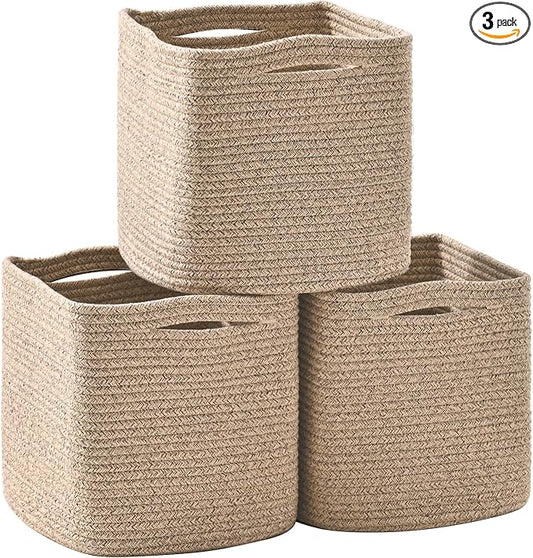 ICERZCZ 13 Inch Cube Closet Storage Bins, Woven Cotton Rope Organizer Baskets for Organizing & Shelves, Books, Towels, Clothes, Toys, 13x13x13 in, Brown (Pack of 3)