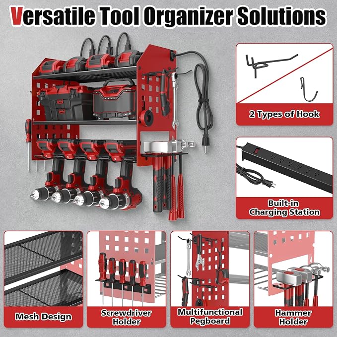 SUNALLY Power Tool Organizer Wall Mount with Charging Station,3 Layer, Red | Metal Tool Storage Rack with 4 Drill Holders, Heavy Duty Power Tool Shelf for Garage,Warehouse,Workshop, Gift for Men,Husband