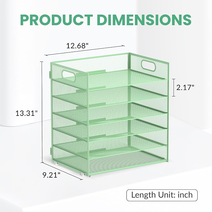 Daltack 6-Tier Paper Organizer for Desk with Handle, Green | Sturdy Metal Mesh Organizer with Movable Middle Trays and a Carry Handle for Papers, Folders and Office Supplies
