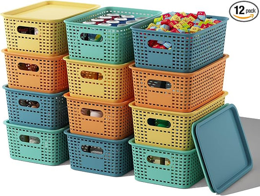 ORGIDOL Plastic Storage Basket with Lids 12 Pack Stackable Colorful Storage Bins Containers with Lid, Decorative Storage Boxes for Organizing Shelves, Drawers, Playroom, Classroom, Office, Closet