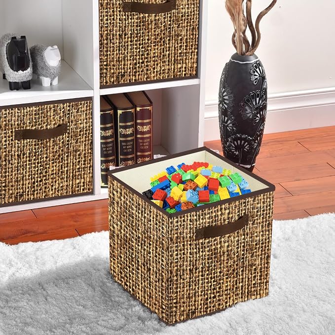 12x12 Cube Storage Bins - Fabric Cubby Bins with Dual Handles, Collapsible Storage Organizer for Shelf, Closet, Nursery, Set of 6 （PRINTING instead of Rattan Weaving）
