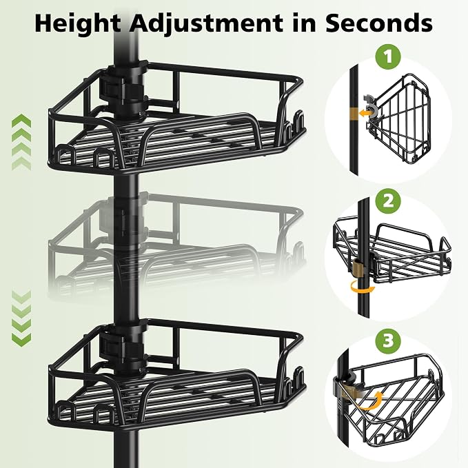 DAOYA Shower Caddy Tension Pole Shower Organizer Tension Rod with Towel Bar | Bathroom Corner Caddy for Bathtub/RV, Adjustable Floor-to-Ceiling 25-114.2", 12 Side Hooks, Black, Rustproof Stainless Steel