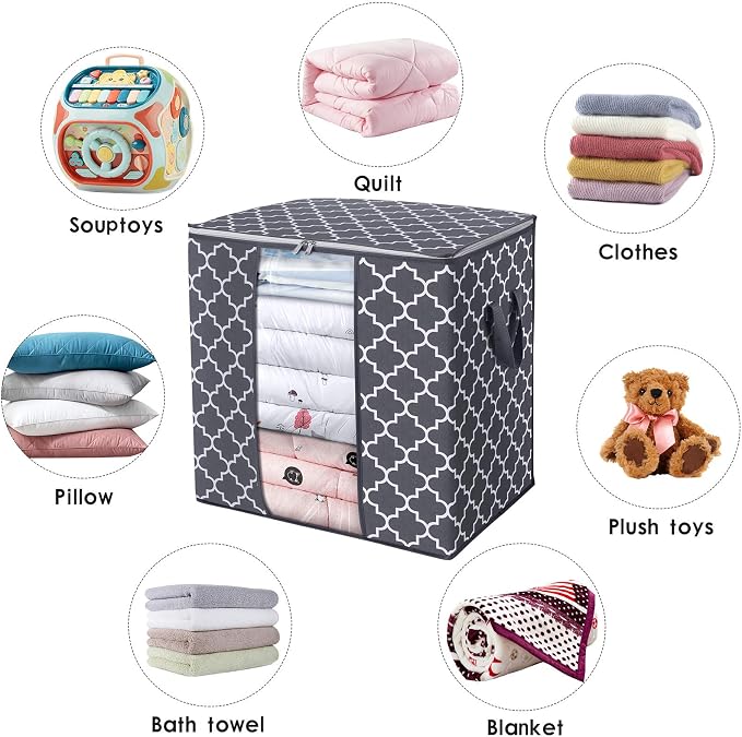 WISELIFE Storage Bags 4 Pack/100L Large Blanket Clothes Organization and Storage Containers for Comforters,Bedding, Foldable Organizer with Reinforced Handle, Clear Window, Sturdy Zippers,Gray