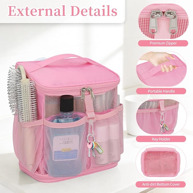 CUBETASTIC Shower Caddy Portable Mesh Shower Tote for Bathroom, Gym, Travel, Camping - Quick Dry Hanging Organizer Toiletry Bag with Handle for College Dorm Room, Men & Women