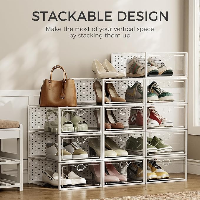 15 Pack X-Large Shoe Storage Boxes, Shoe Organizer Clear Stackable | Fit US Size 11, 6.2” Height, Shoe Dispaly Case Holder Bins Sneaker Storage for Sneakerheads, For Home and Family, Grey