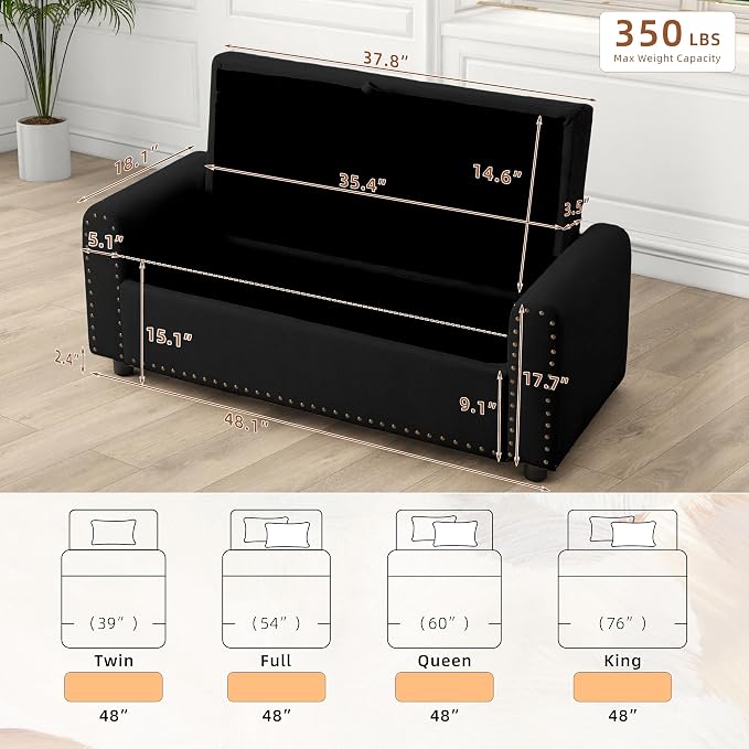 48" Ottoman with Storage, Tufted Storage Ottoman Bench, Convenient Living Room Fabrics Bench Seat, Entryway Shoe Benches with Inner Zipper & Arm, Upholstered Window Seat Ottomans with Rivets, Black