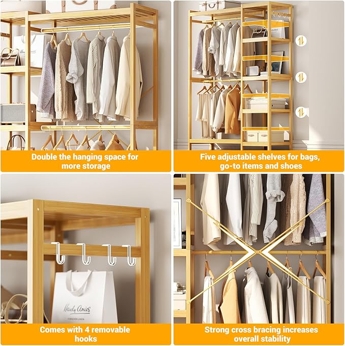 Bamboo Clothes Rack Garment Rack for Hanging Clothes, Heavy Duty Clothing Rack with 7 Tiers Adjustable Shelves, Double Rods, 4 Hooks, Freestanding Closet System Organizer Wardrobe, Natural