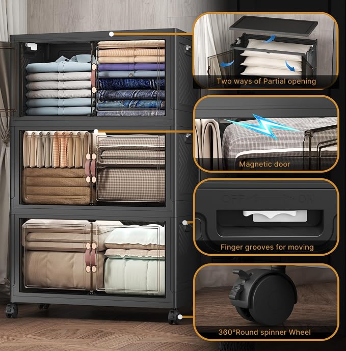 Stackable Storage Bins with Lids, 504QT Closet Organizers and Storage Cabinet with Doors & Wheels, Lockable Plastic Foldable Drawers for Bedroom Dorm Office Garage（168QT*3,Black）