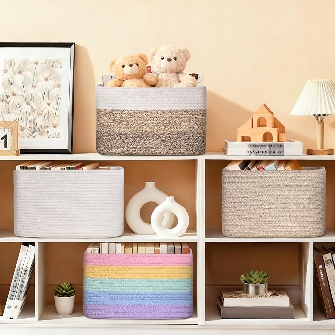 Baskets for Organizing,Storage Baskets,3 Pack Baskets for Shelfves,15"×10"×9" Woven Brown Basket,toy storage bins,bins for organization