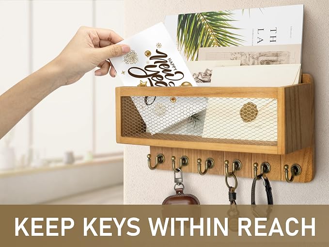 Rebee Vision Key Holder Wall Mount with 6 Hooks for Entryway, Light Brown | Key Holder for Wall, Mail Storage, Mesh Storage Basket, Key Rack & Storage Organizer, Space-Saving Design, Home Decor