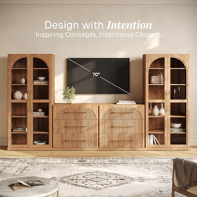 BELLEZE 4-Piece Modular TV Stand Set - 2 Sideboards with Drawers and 2 Tall Storage Cabinets, Classic Modern Media Console Entertainment Center with Adjustable Shelves for Living Room, Camel