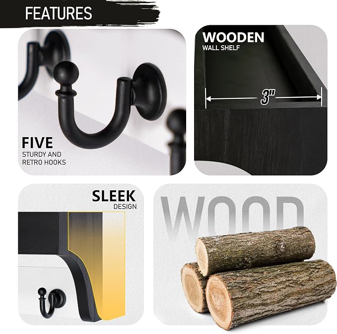Rebee Vision Key Holder Wall Mount with Shelf for Entryway, Black & White | 5 Hooks, Modern Farmhouse Key Holder for Wall, Two-Tone Key Rack, Mail Organizer, Decorative Home Decor