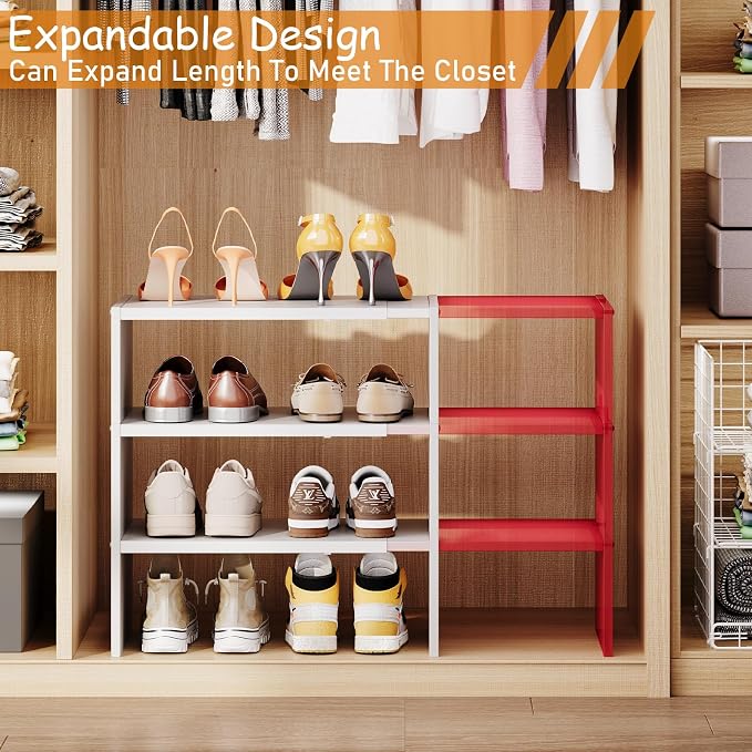 3-Tier Expandable White Shoe Rack Organizer for Closet, Stackable Shoe Racks Storage Shelf, Small Metal Wood Combination Shoe Shelves for Closets,Entryway,Front Door, Narrow Space,Hallway,8-16 Pairs