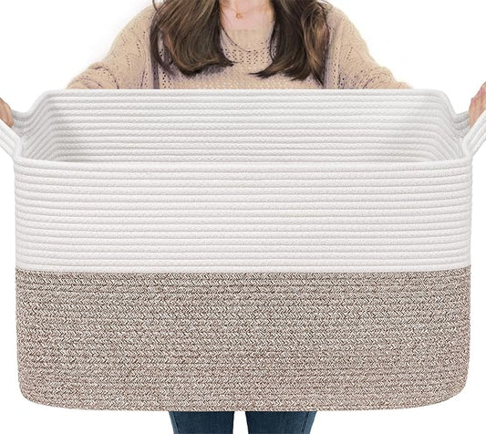 Goodpick 75L Extra Large Cotton Rope Storage Basket, 22" x 17" x 12", Brown | Blankets, Toys & Clothes Storage, Nursery, Living Room & Bedroom Organization, Decorative Storage Basket, Built-In Handles