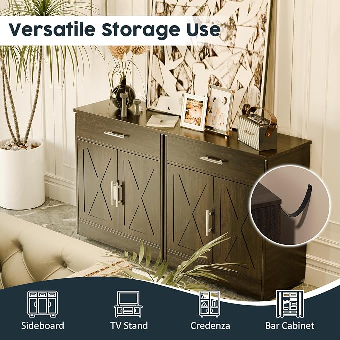 Kitchen Buffet Sideboard Cabinet, Wooden Storage Cabinet with 2 Doors and 1 Drawers, Adjustable Shelf, Modern Farmhouse Coffee Bar Cabinet with Storage for Kitchen, Rustic Brown