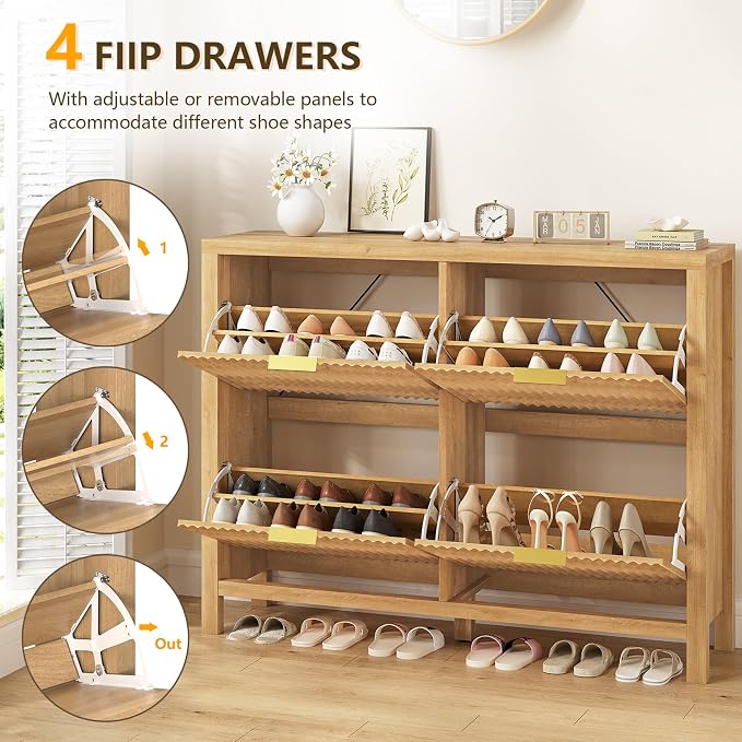 47" Fluted Shoe Cabinet Stoarge with 4 Flip Drawers for Entryway, Hallway | Hidden Shoe Rack Slim Freestanding Shoe Organizer with Legs for Hallway, Living Room, Oak